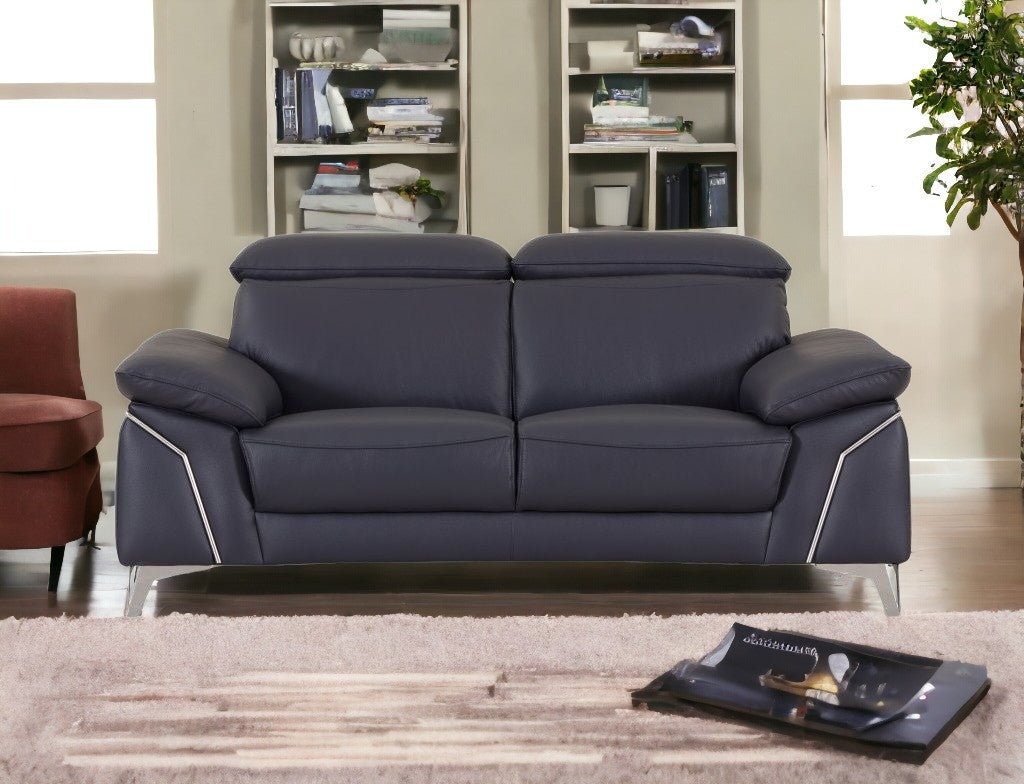 71" Navy Blue And Silver Genuine Leather Loveseat