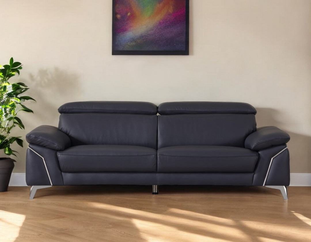 87" Blue Italian Leather Sofa With Silver Legs