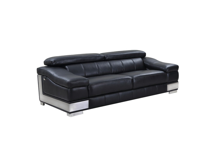 92" Black Italian Leather Sofa With Silver Legs