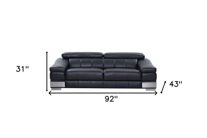 92" Black Italian Leather Sofa With Silver Legs