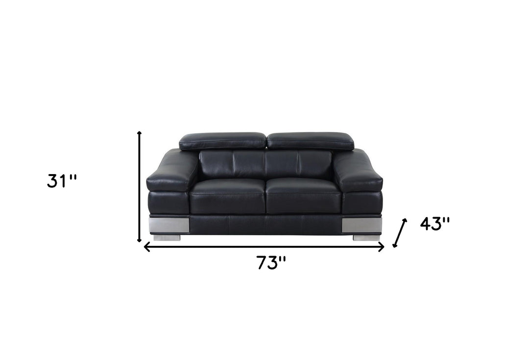 73" Black And Silver Genuine Leather Love Seat