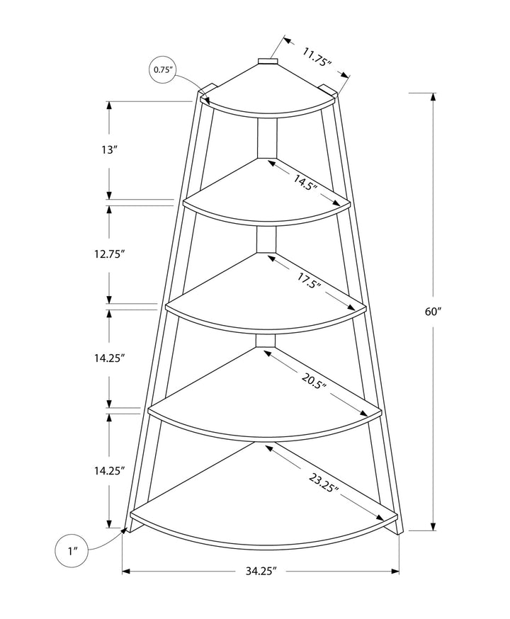 60" Taupe Wood Four Tier Corner Bookcase