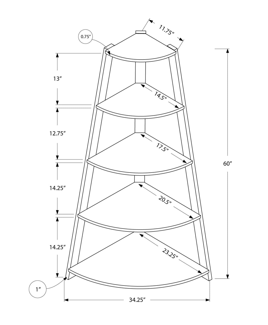 60" White Wood Four Tier Corner Bookcase