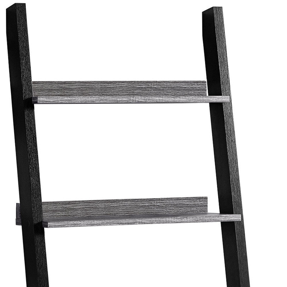 69" Gray and Black Wood Ladder Bookcase With Two drawers