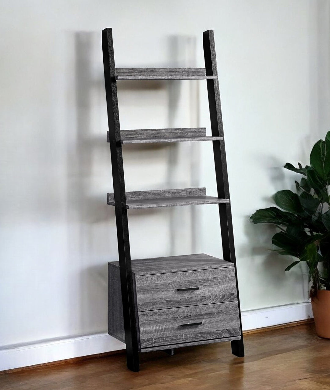 69" Gray and Black Wood Ladder Bookcase With Two drawers