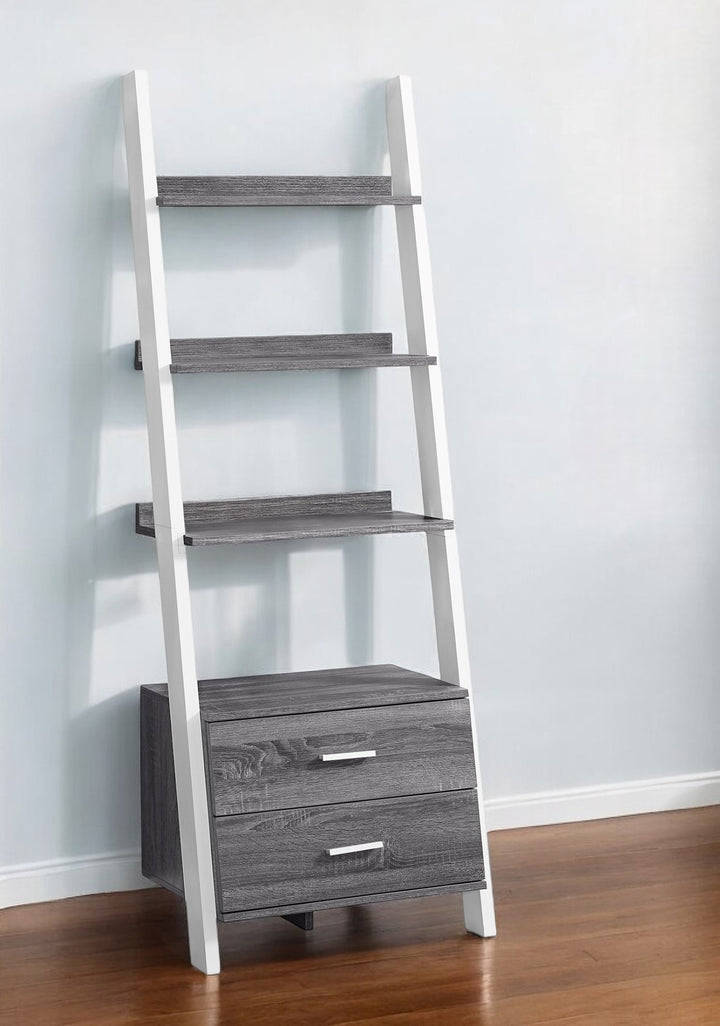 69" Gray and Black Wood Ladder Bookcase With Two drawers