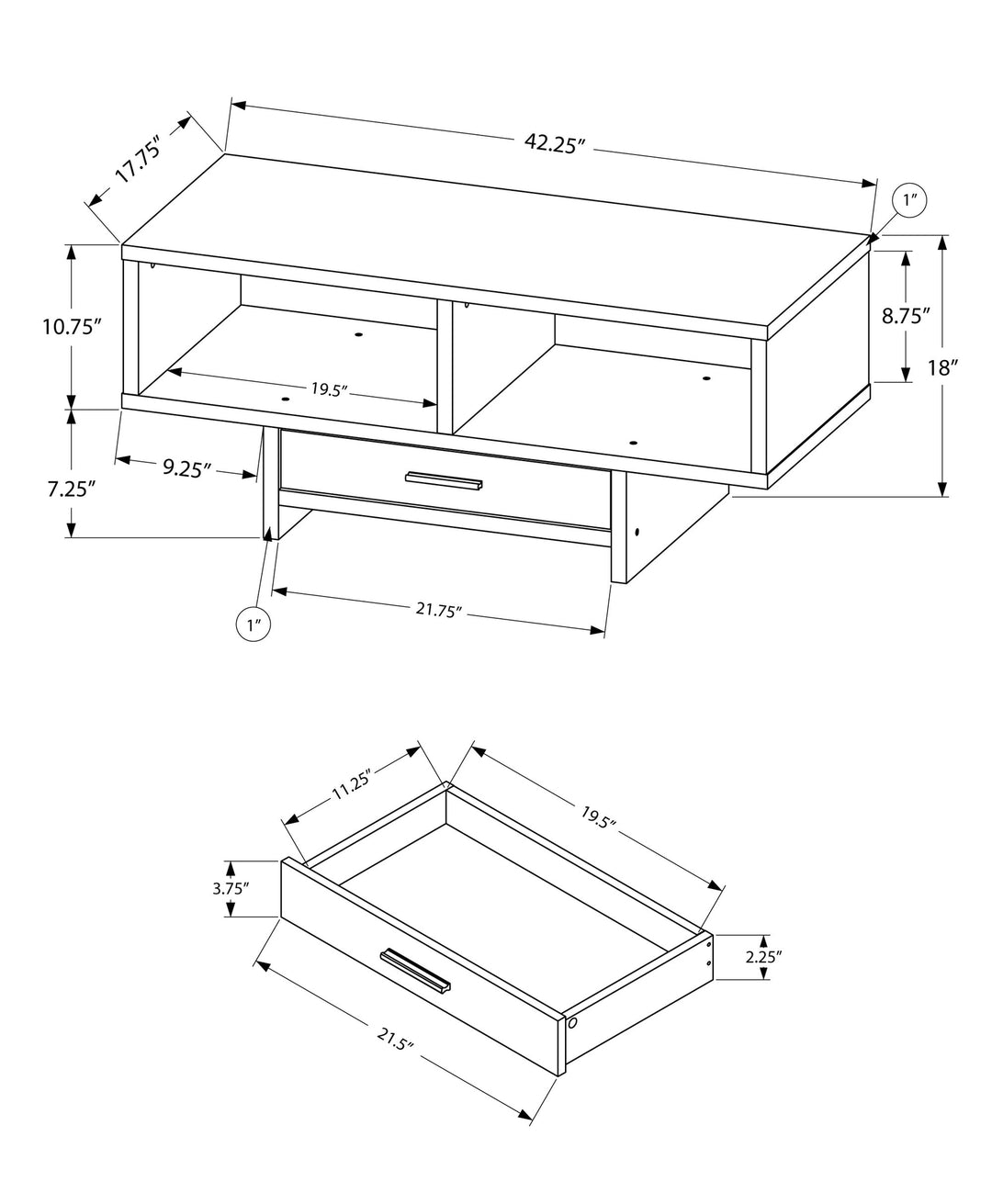 42" Black And Gray Coffee Table With Drawer And Two Shelves