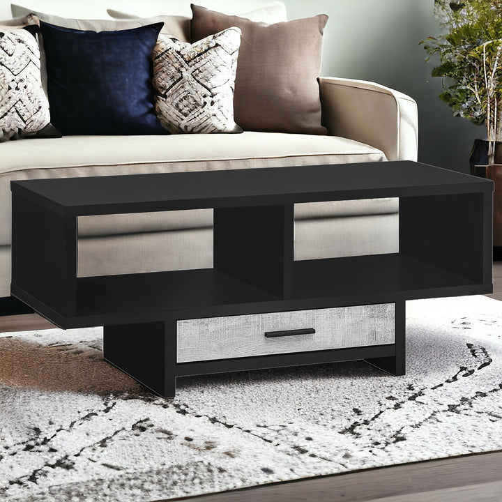 42" Black And Gray Coffee Table With Drawer And Two Shelves