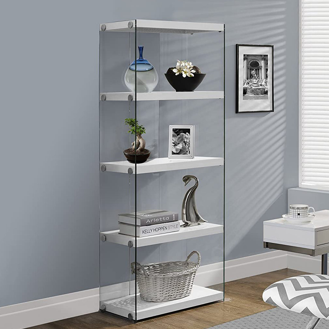 59" White Glass Four Tier Etagere Bookcase