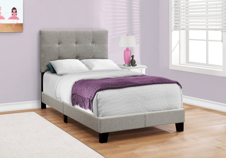 Gray Twin Tufted Upholstered Linen Bed Frame with Nailhead Trim