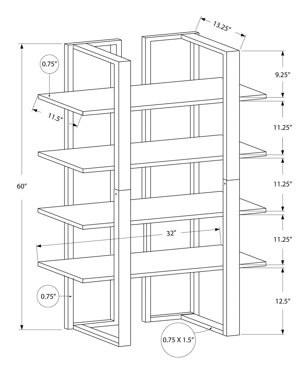 60" Espresso Metal Four Tier Bookcase