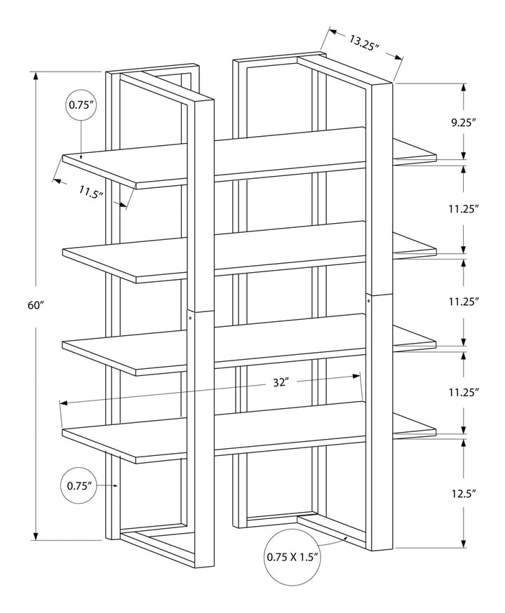 60" Espresso Metal Four Tier Bookcase