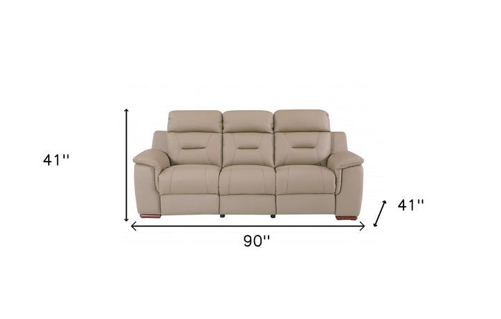 90" Beige Faux Leather Sofa With Brown Legs