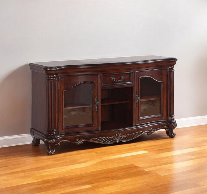 65" Brown Cherry Cabinet Enclosed Storage TV Stand with Bookcase