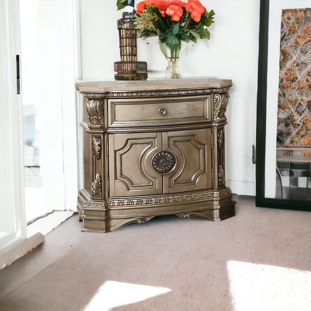 29" Champagne One Drawer Faux Marble and Solid Wood Nightstand With Storage