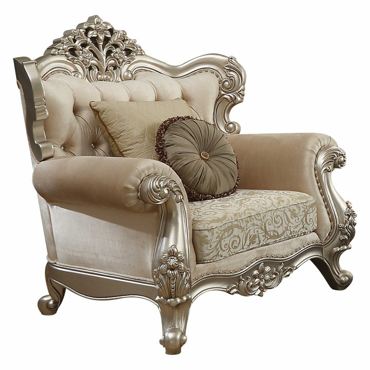 39" Champagne Fabric Damask Chair and a Half And Toss Pillows