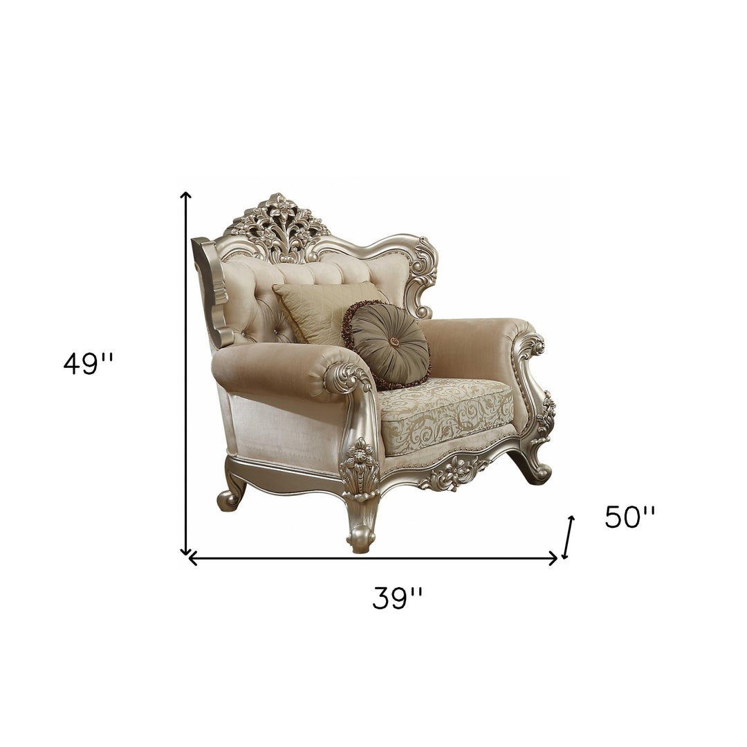 39" Champagne Fabric Damask Chair and a Half And Toss Pillows