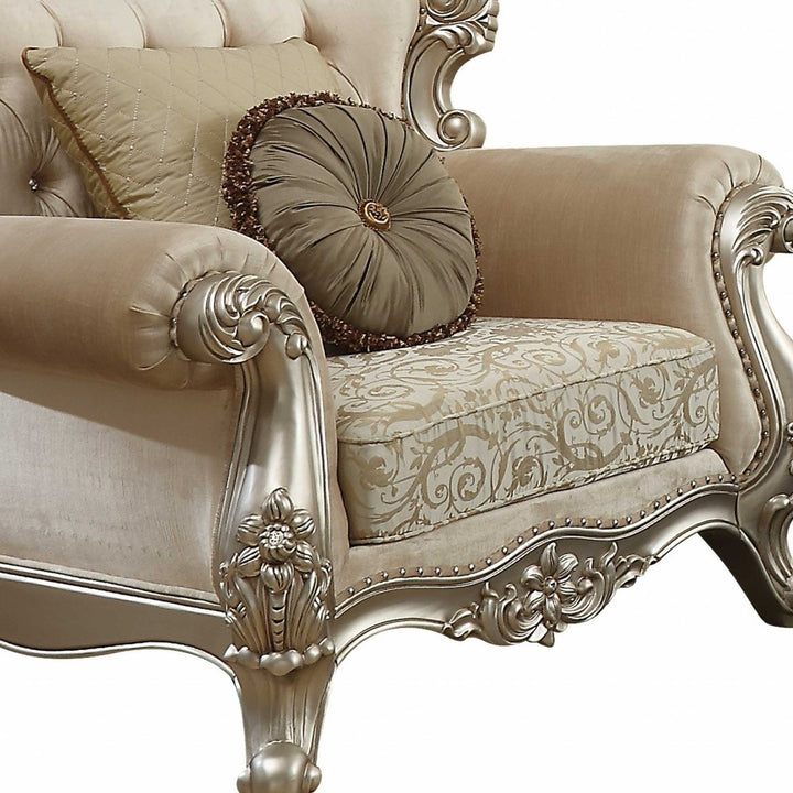 39" Champagne Fabric Damask Chair and a Half And Toss Pillows