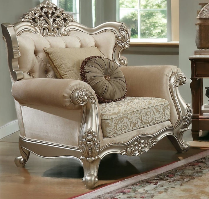 39" Champagne Fabric Damask Chair and a Half And Toss Pillows