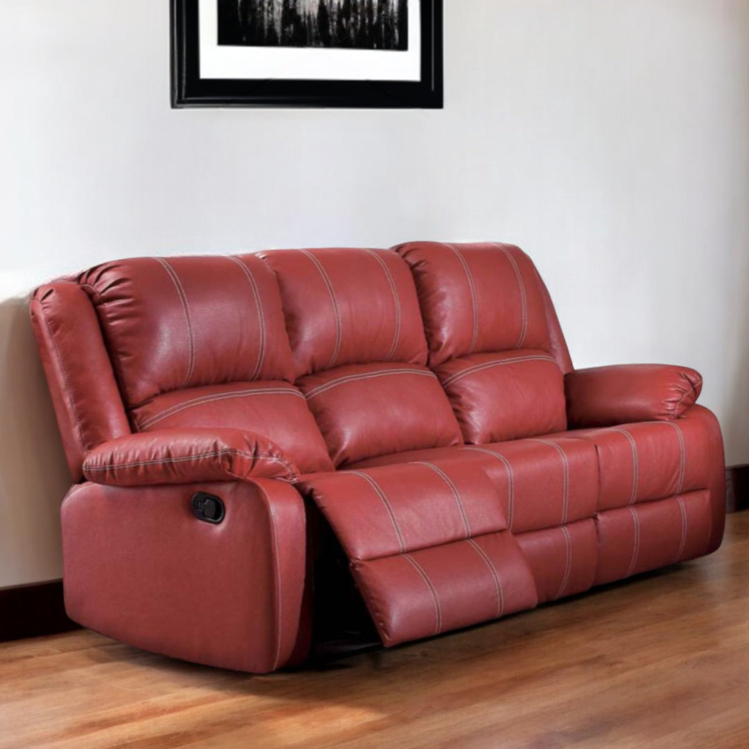 81" Red Faux Leather Reclining Sofa With Black Legs