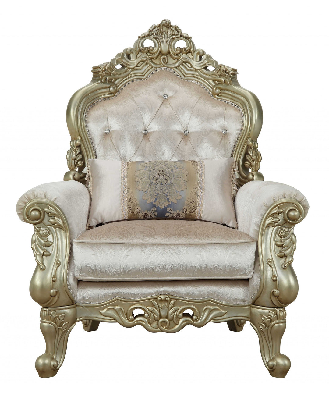 40" Cream And Antiqued White Fabric Damask Tufted Arm Chair And Toss Pillow