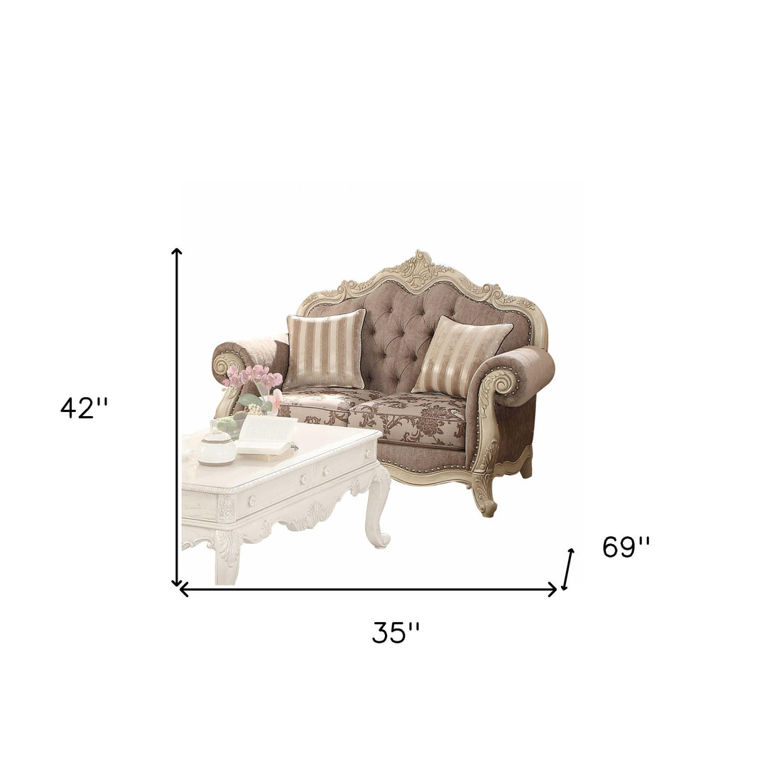 69" Brown And Platinum Damask Chesterfield Loveseat