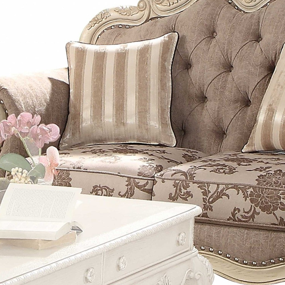 69" Brown And Platinum Damask Chesterfield Loveseat