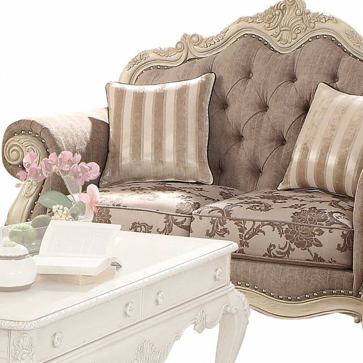 69" Brown And Platinum Damask Chesterfield Loveseat