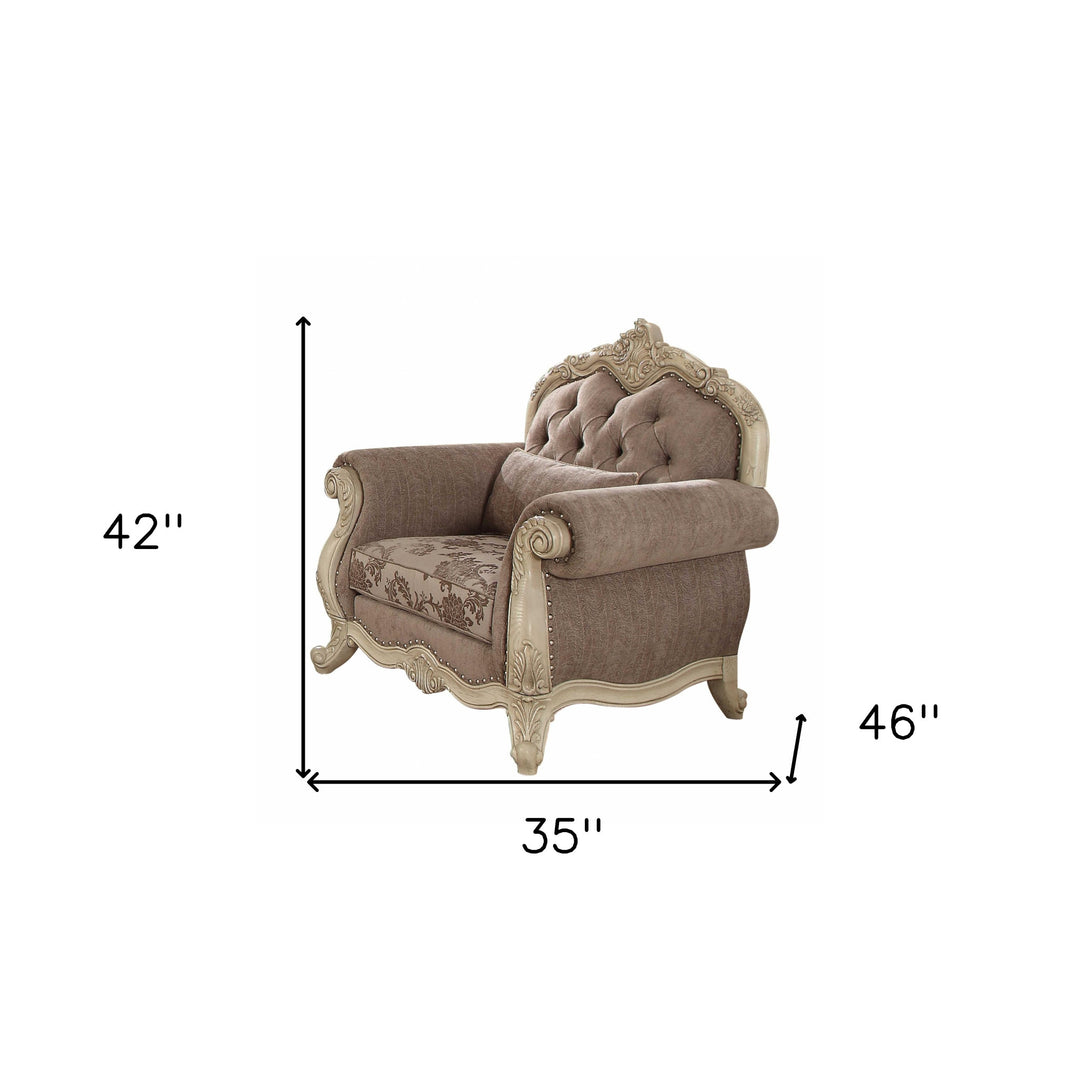 35" Brown and Champagne Linen Damask Tufted Arm Chair and Toss Pillow