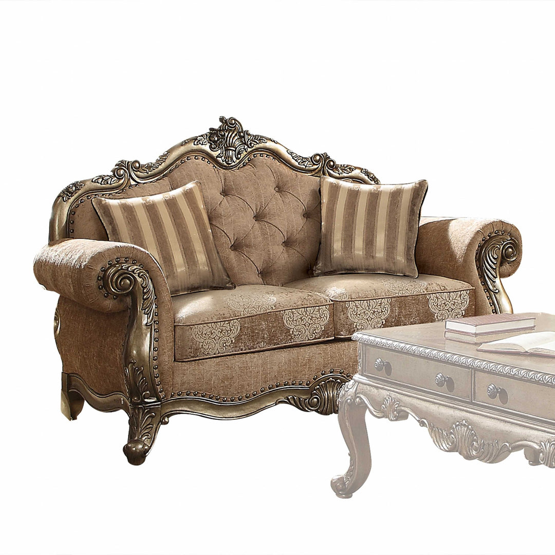 69" Brown And Platinum Damask Chesterfield Loveseat