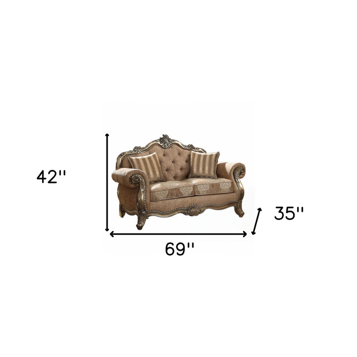 69" Brown And Platinum Damask Chesterfield Loveseat