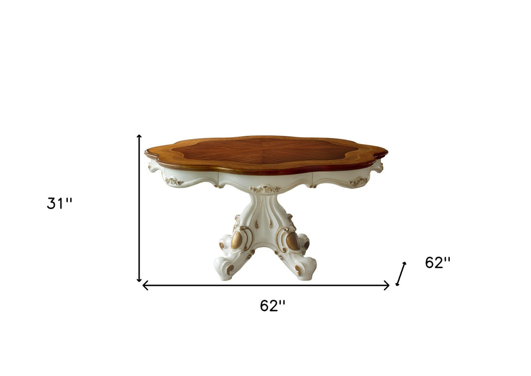 62" Brown And White Oval Solid Wood Pedestal Base Dining Table