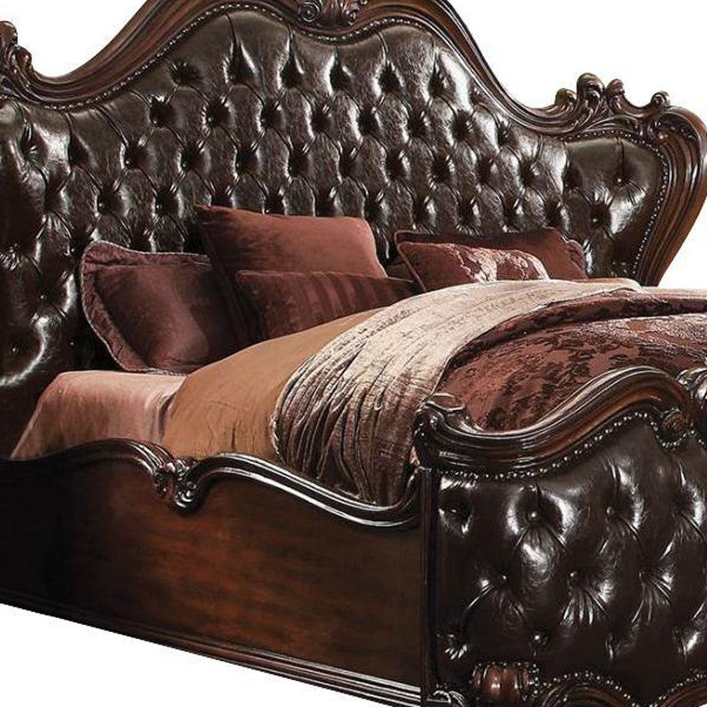 Solid Wood Queen Tufted Dark Brown Upholstered Faux Leather Bed With Nailhead Trim