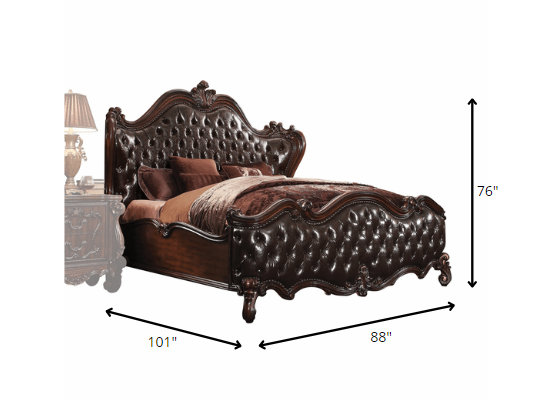 Solid Wood Queen Tufted Dark Brown Upholstered Faux Leather Bed With Nailhead Trim