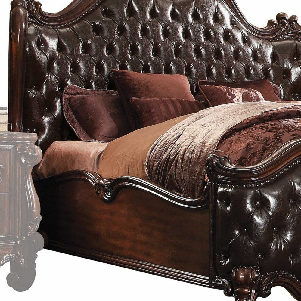 Solid Wood Queen Tufted Dark Brown Upholstered Faux Leather Bed With Nailhead Trim