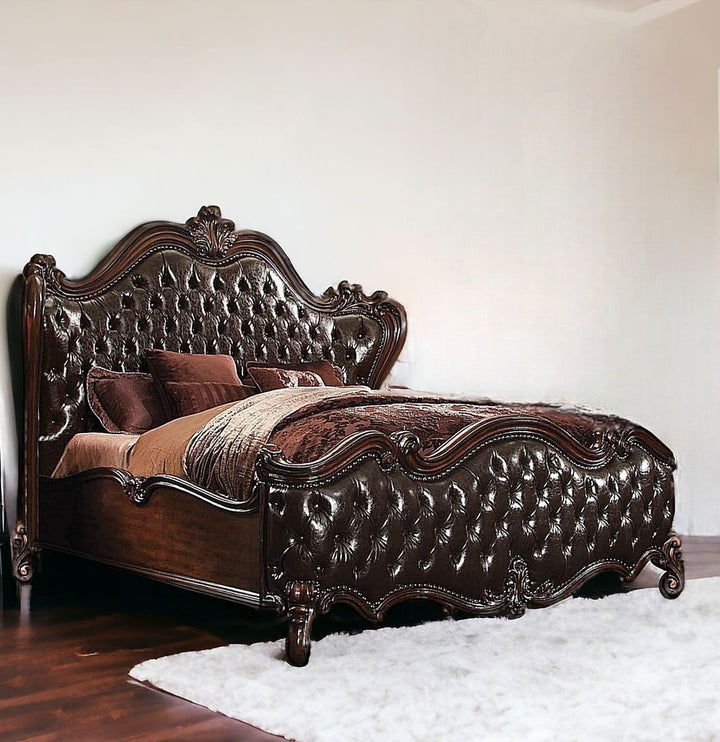 Solid Wood Queen Tufted Dark Brown Upholstered Faux Leather Bed With Nailhead Trim