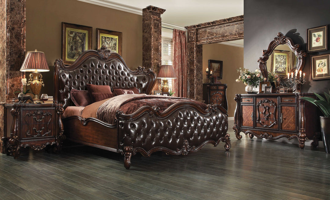 Solid Wood Queen Tufted Dark Brown Upholstered Faux Leather Bed With Nailhead Trim