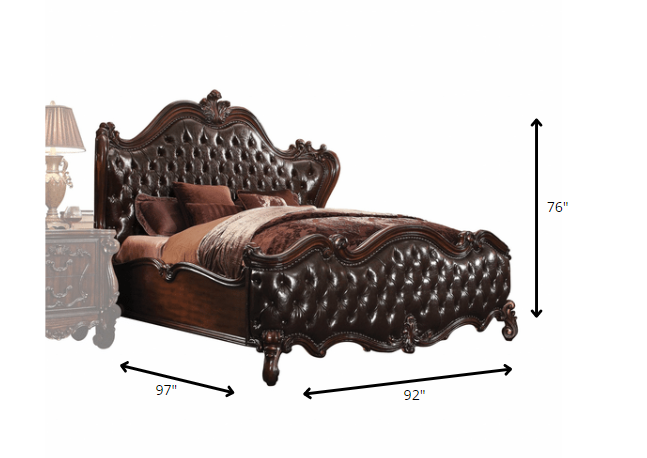 Solid Wood Queen Tufted Dark Brown Upholstered Faux Leather Bed With Nailhead Trim