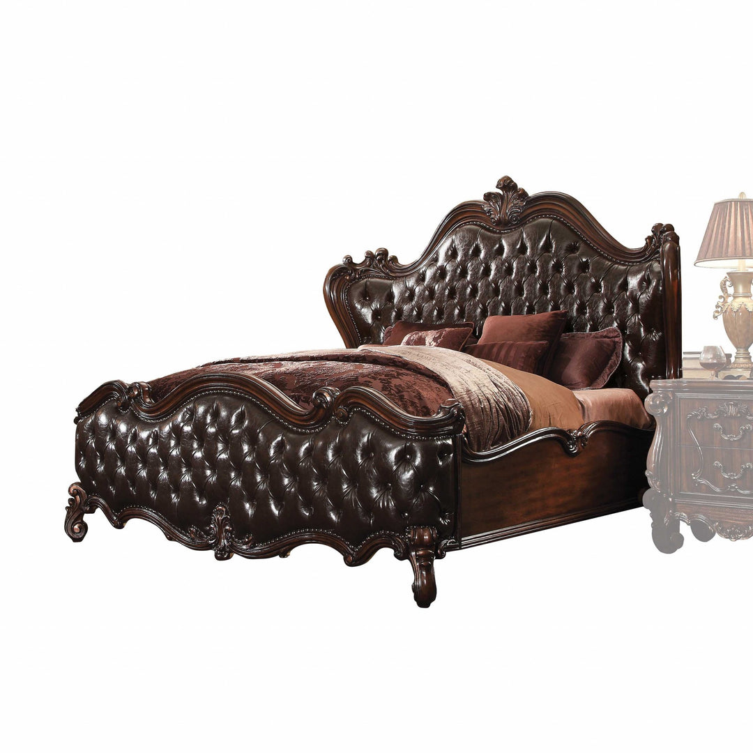 Solid Wood Queen Tufted Dark Brown Upholstered Faux Leather Bed With Nailhead Trim