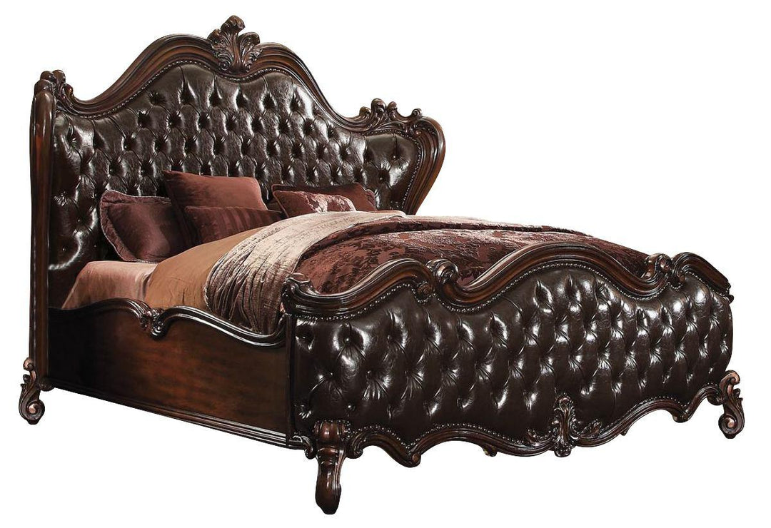 Solid Wood Queen Tufted Dark Brown Upholstered Faux Leather Bed With Nailhead Trim