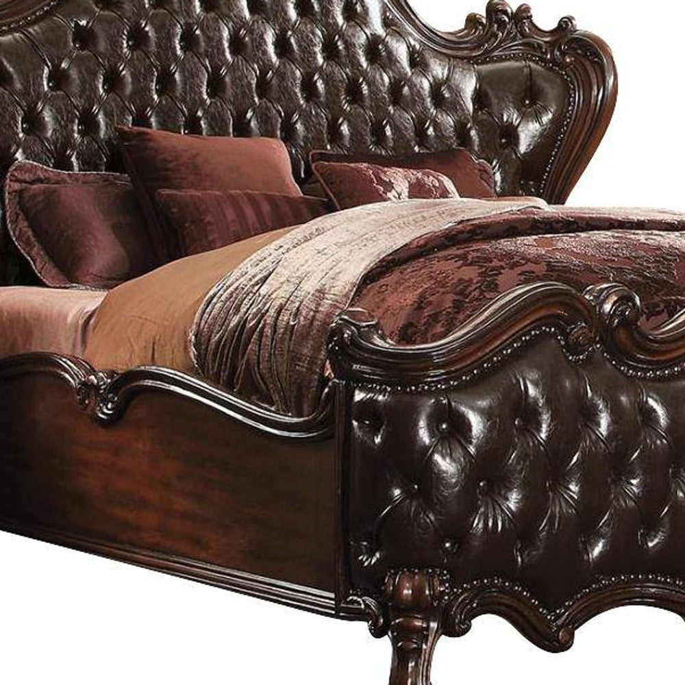 Solid Wood Queen Tufted Dark Brown Upholstered Faux Leather Bed With Nailhead Trim