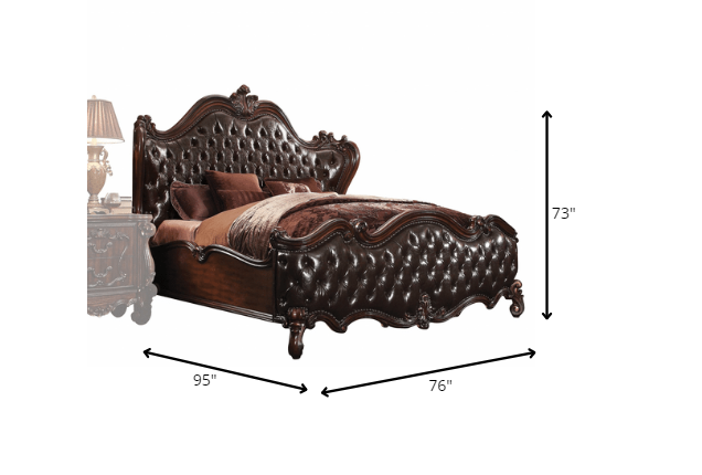 Solid Wood Queen Tufted Dark Brown Upholstered Faux Leather Bed With Nailhead Trim