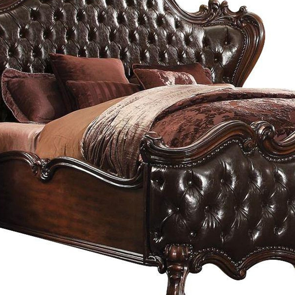 Solid Wood Queen Tufted Dark Brown Upholstered Faux Leather Bed With Nailhead Trim