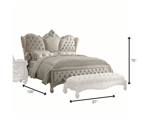 Ivory Solid Wood Queen Tufted Upholstered Velvet Bed Frame with Nailhead Trim