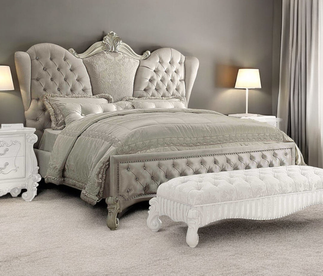 Ivory Solid Wood Queen Tufted Upholstered Velvet Bed Frame with Nailhead Trim