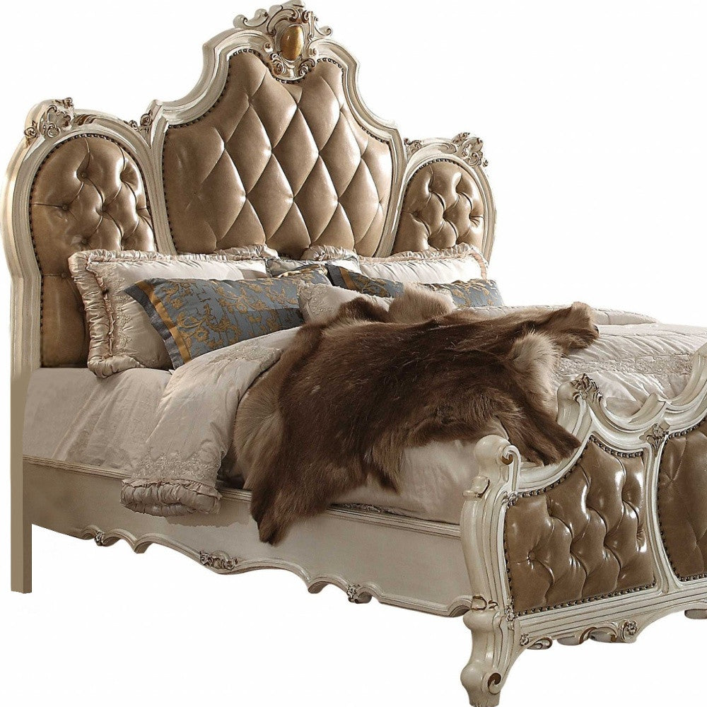 Pearl King Tufted Upholstered Faux Leather Bed Frame with Nailhead Trim