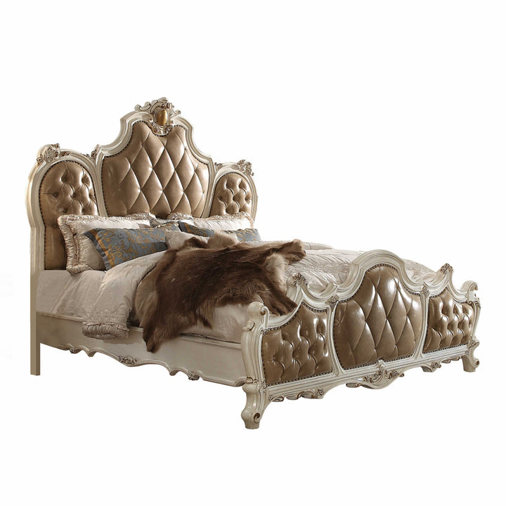 Pearl King Tufted Upholstered Faux Leather Bed Frame with Nailhead Trim