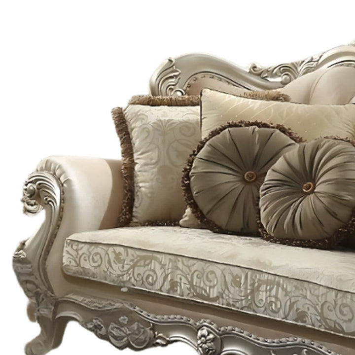 88" Champagne Velvet Curved Floral Sofa And Toss Pillows