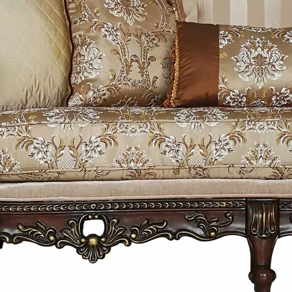 39" Beige Floral Sofa And Toss Pillows With Dark Brown Legs