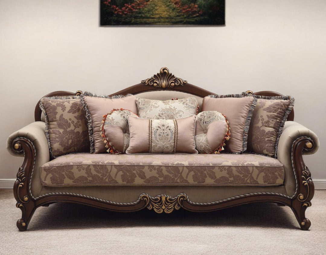 88" Beige Velvet Floral Sofa And Toss Pillows With Brown Legs